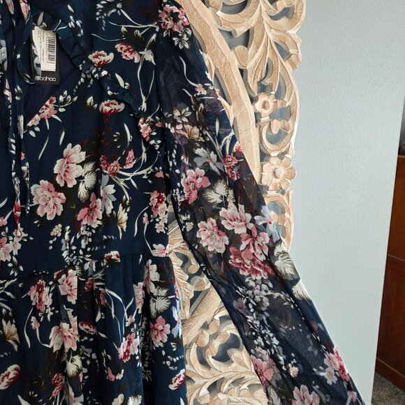 Boohoo Floral Dress Size 18 Blue Long Sleeve Tie Neck Ruffle A Line Cottage NWT - Picture 5 of 12